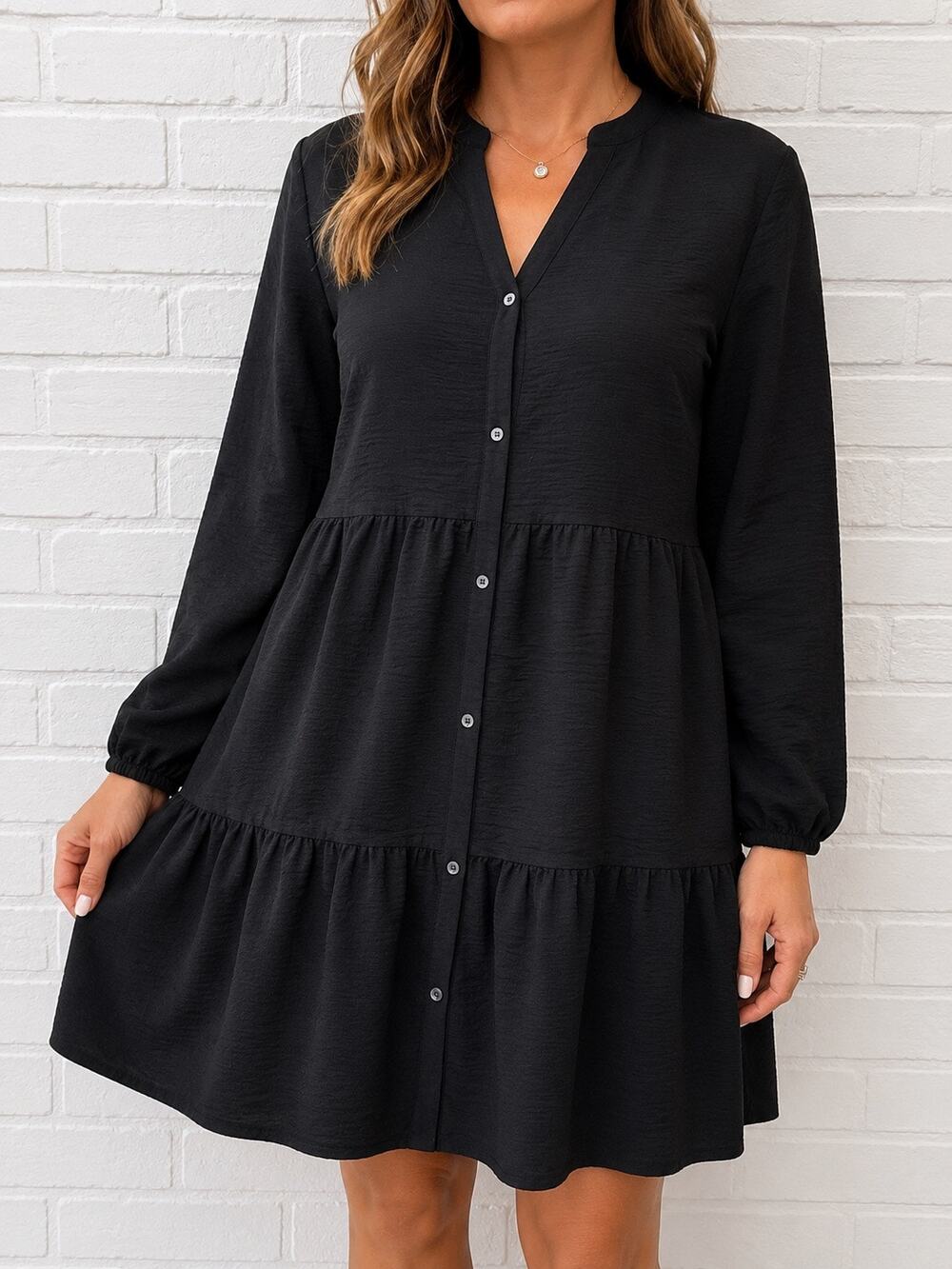Nine West XL Black Tiered Knee Length Dress Button Front Long Sleeve Crinkle